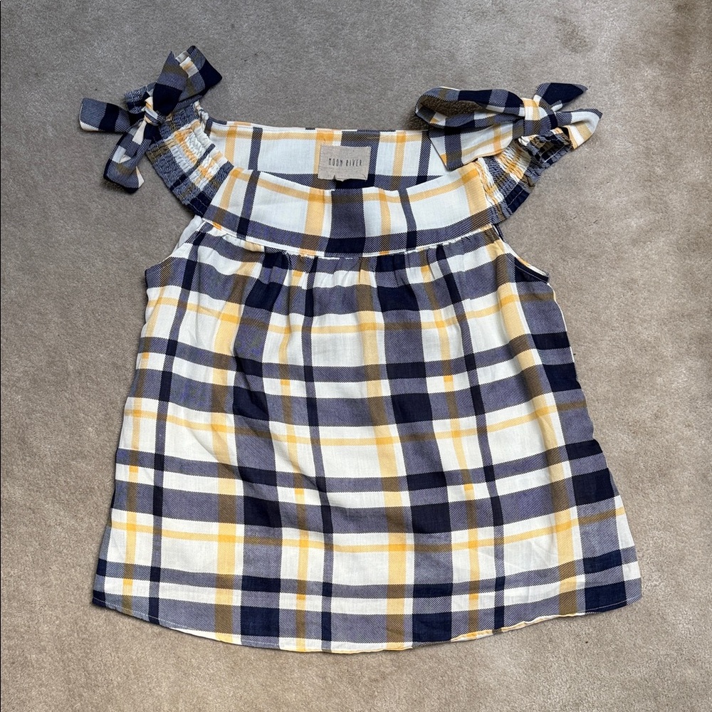 Moon River Navy and Yellow Plaid Tank Top